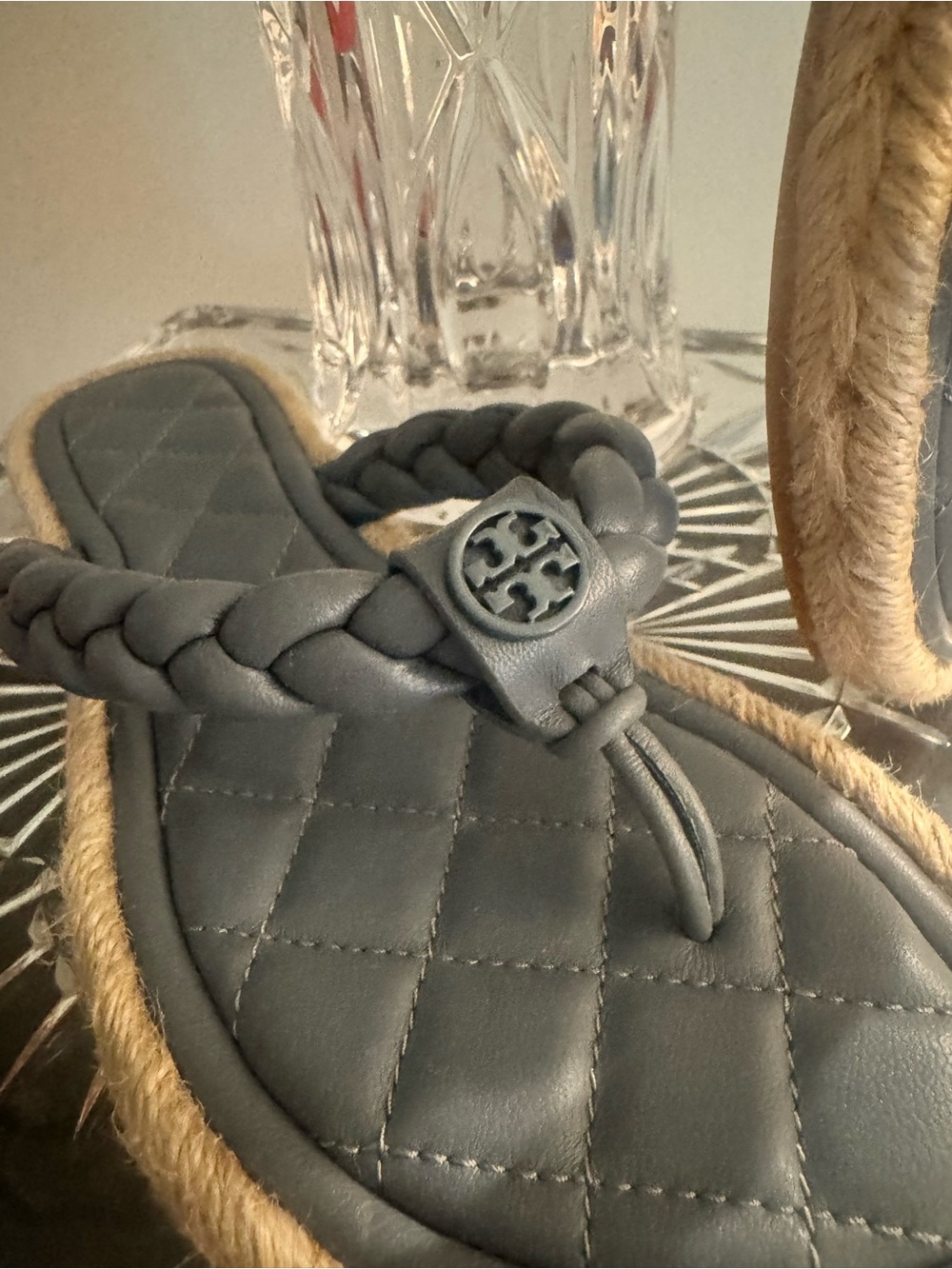 Tory Burch Gray Braided Leather Espadrille Flip Flops